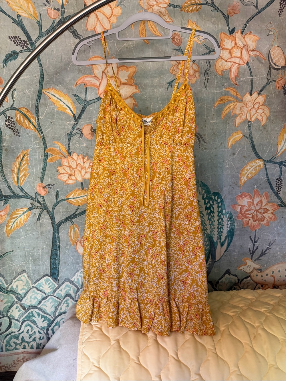 No Boundaries Yellow Floral Ruffle Hem Mini Dress S Boho Sundress New